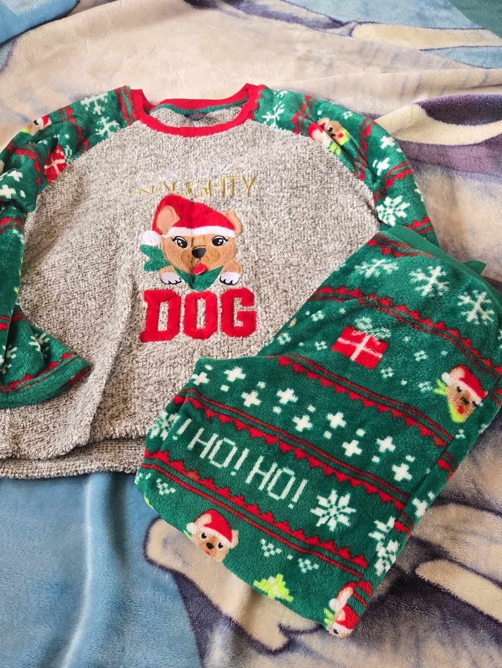 Womans Holiday 'Naughty Dog' Green & Gray Pajama Set